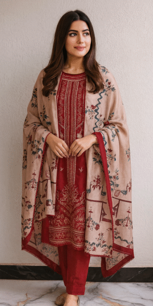 Maroon Stitched 3-Pcs Suit with Beige Printed Shawl