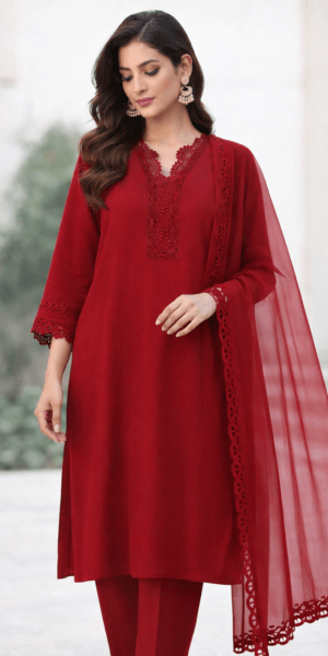 Georgette shirt and trousers in plain design, paired with an organza dupatta.”