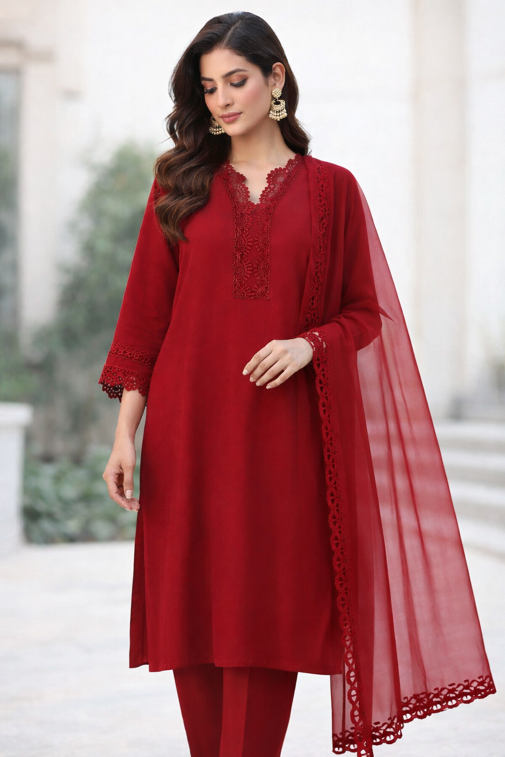 Georgette shirt and trousers in plain design, paired with an organza dupatta.”