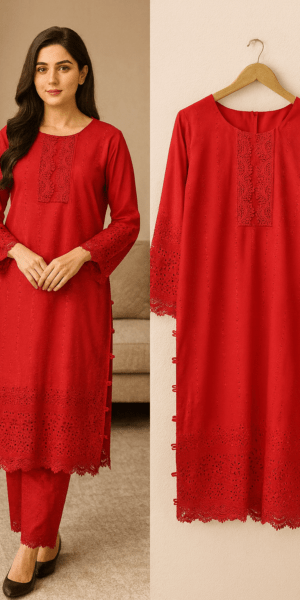 Red Stitched peach wool chicken kari 2-Pcs Dress