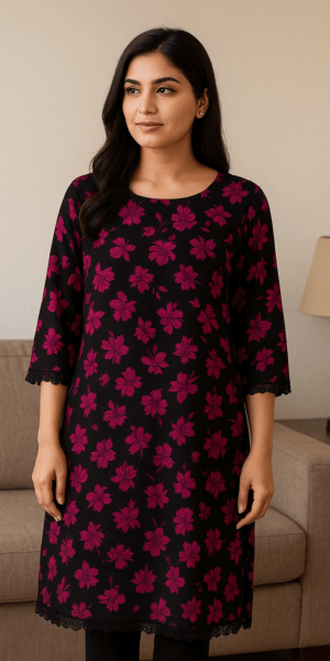 Black Stitched flowers printed lilan dress 2-Pcs Dress