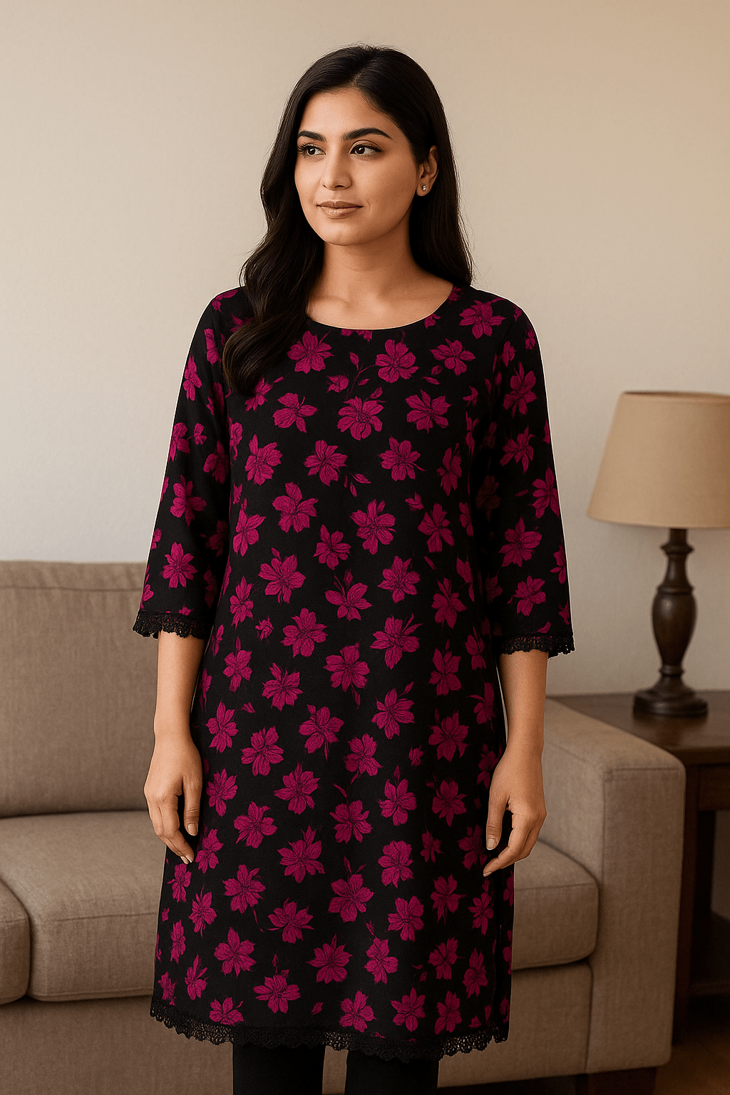 Black Stitched flowers printed lilan dress 2-Pcs Dress