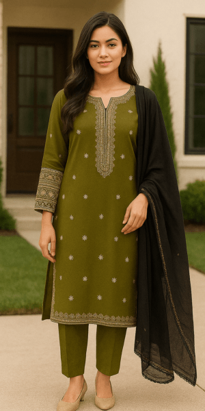 Green Stitched Embroidered 2-Pcs Dress