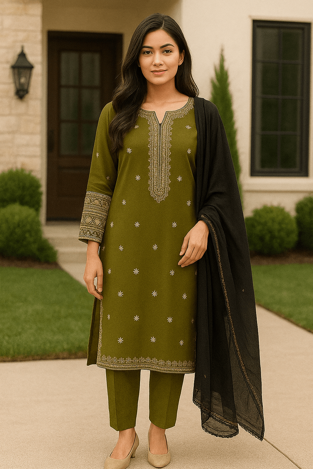 Green Stitched Embroidered 2-Pcs Dress