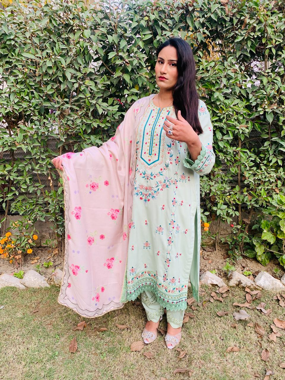 Green Stitched Embroidered 3-Pcs Dress with Pink Dupatta - Image 5
