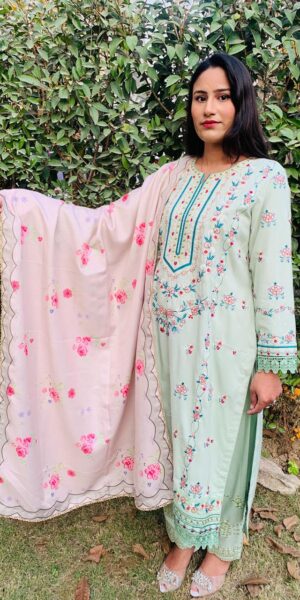 Green Stitched Embroidered 3-Pcs Dress with Pink Dupatta