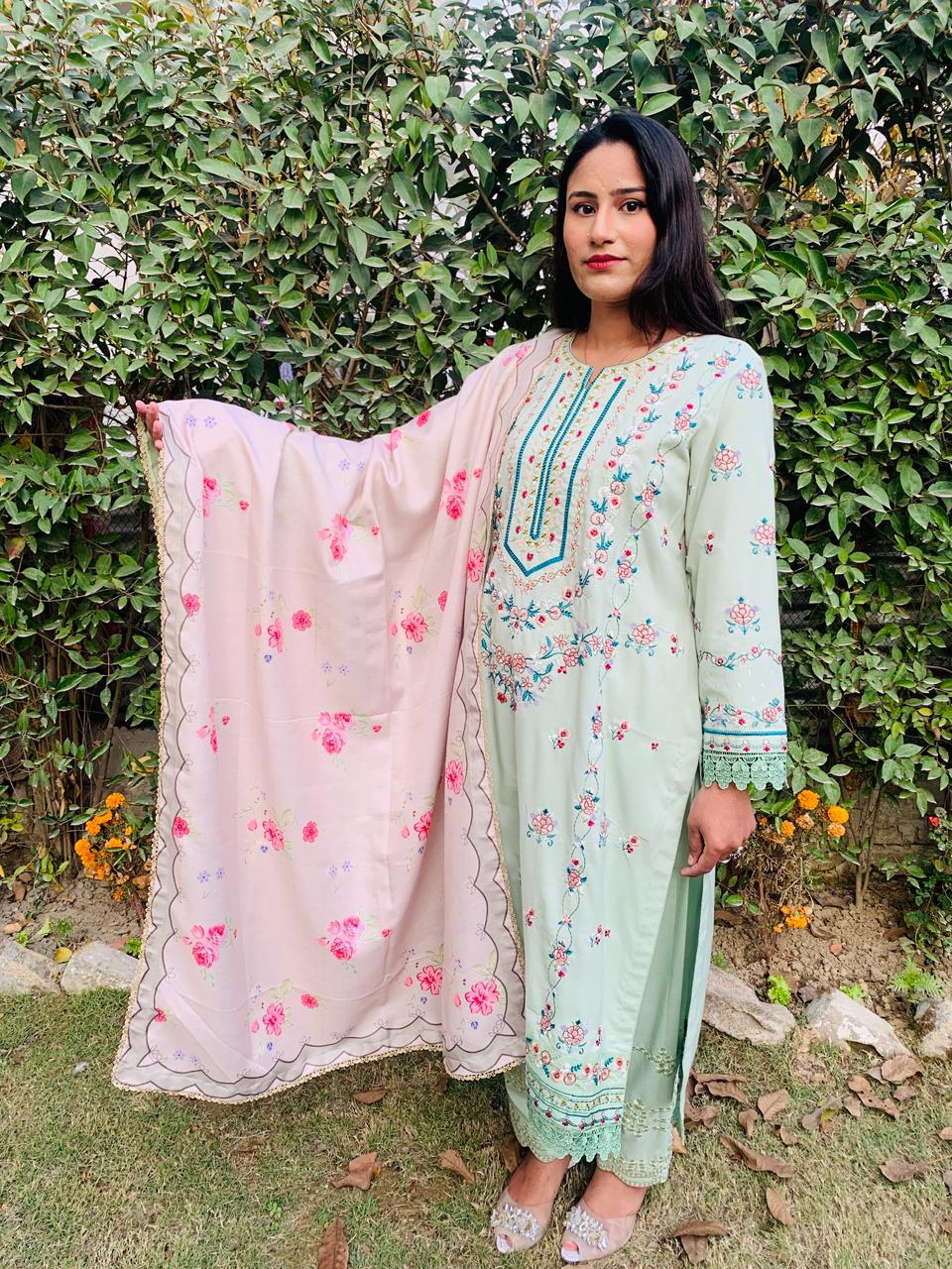 Green Stitched Embroidered 3-Pcs Dress with Pink Dupatta