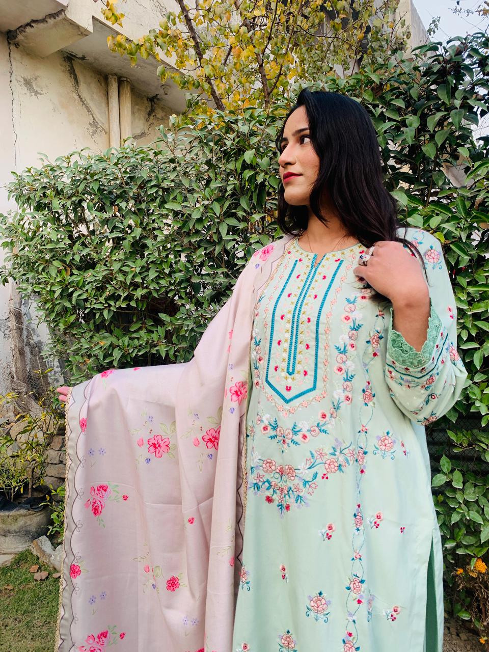 Green Stitched Embroidered 3-Pcs Dress with Pink Dupatta - Image 3