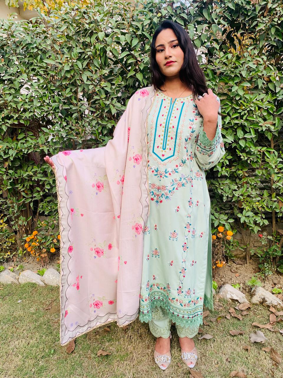 Green Stitched Embroidered 3-Pcs Dress with Pink Dupatta - Image 2