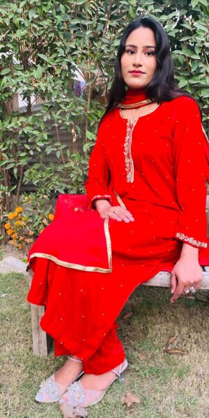 Red valvet ada work stiched dress with silk dopatta