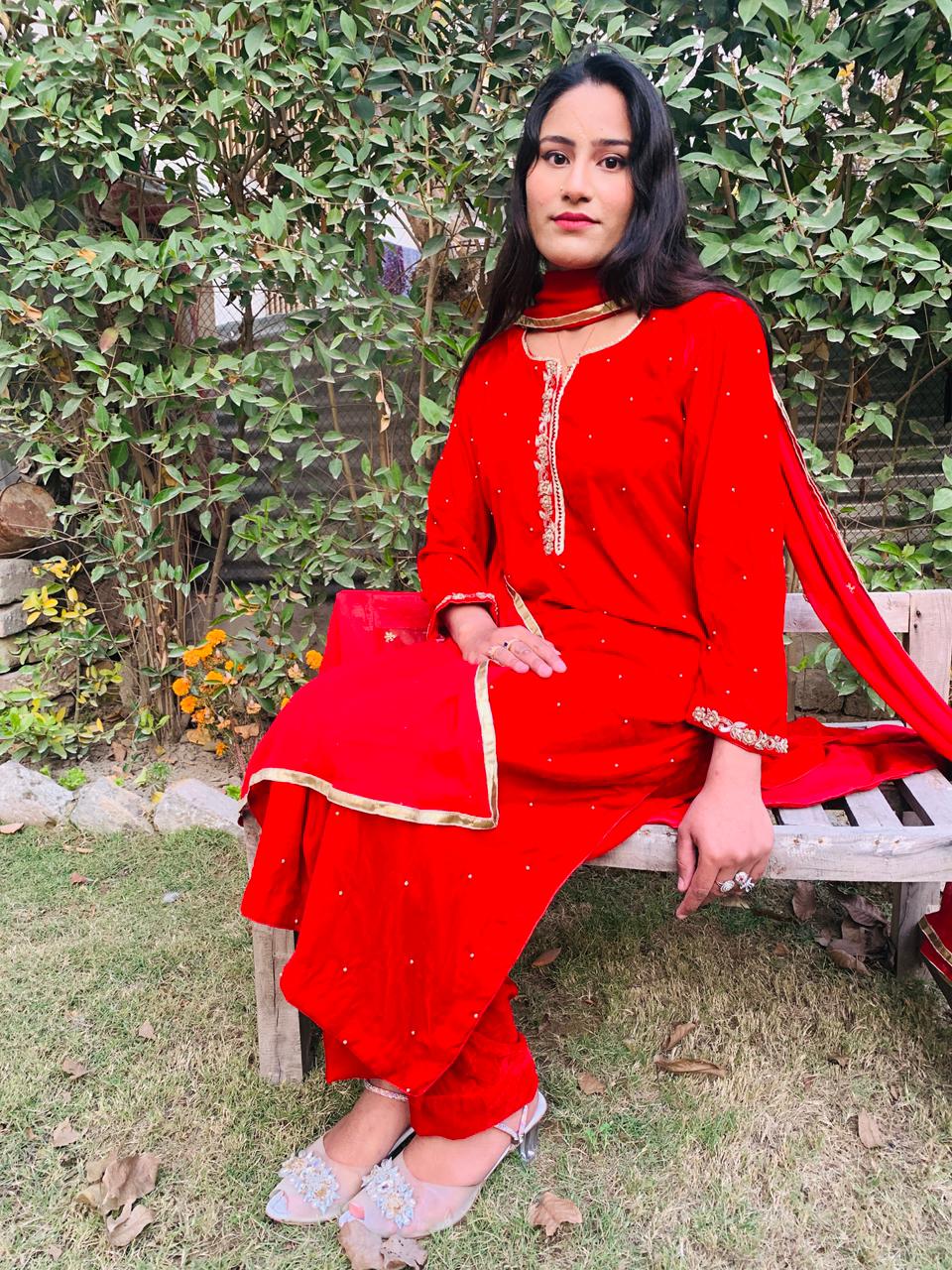 Red valvet ada work stiched dress with silk dopatta