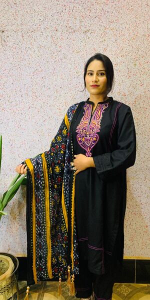 Black marina  embroidery 3pce stitched dress with chunery dopatta