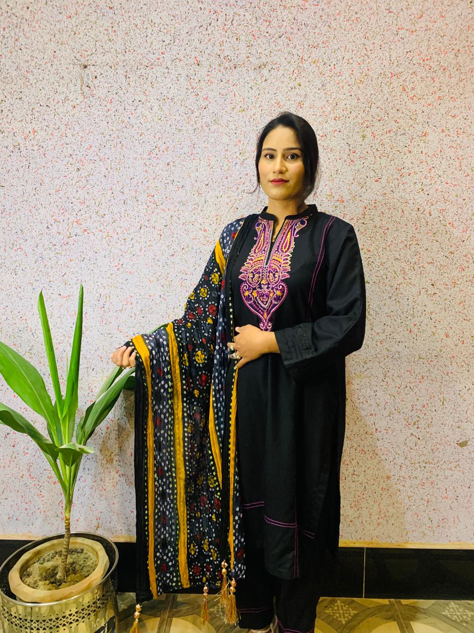 Black marina  embroidery 3pce stitched dress with chunery dopatta