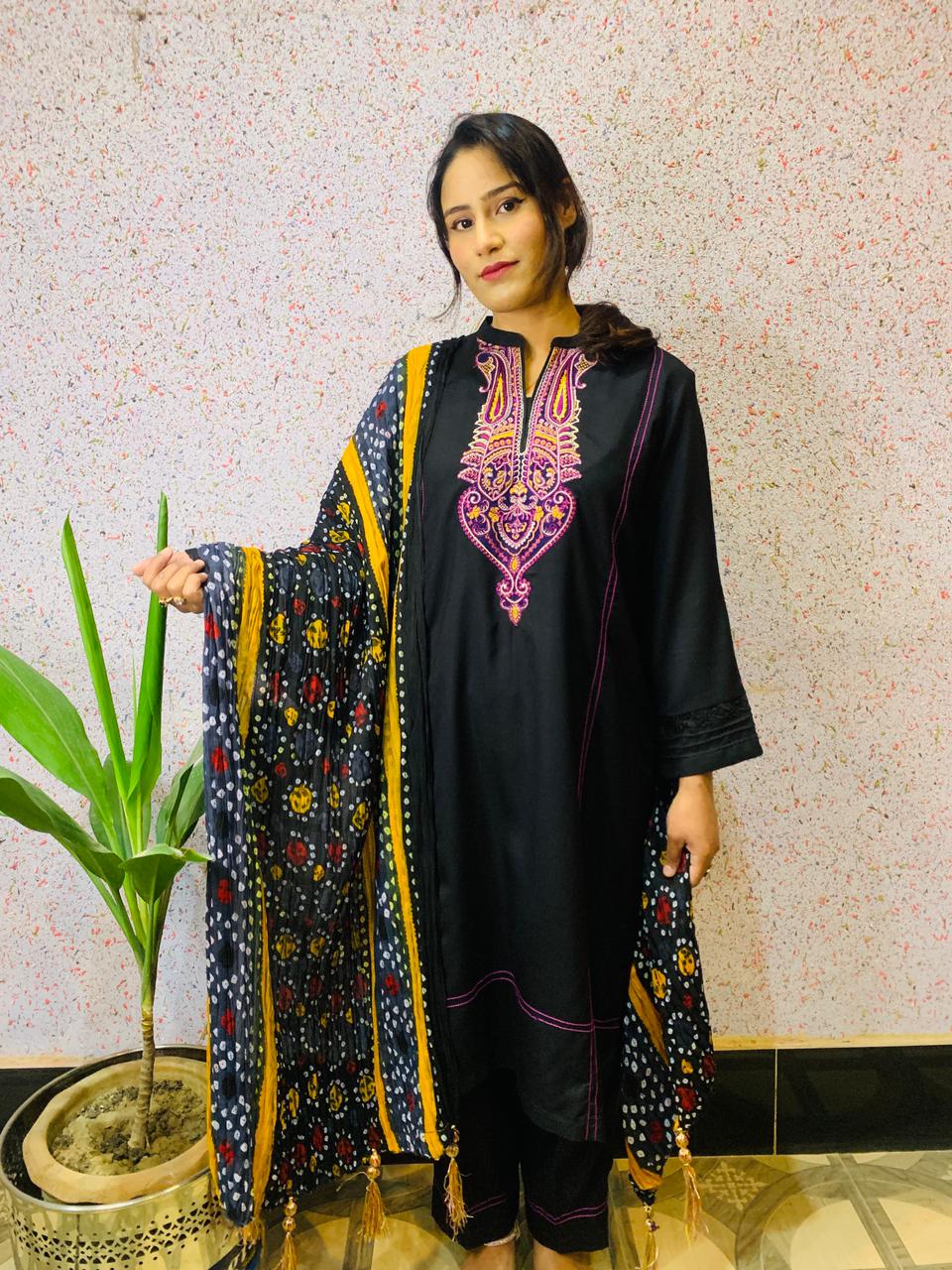 Black marina embroidery 3pce stitched dress with chunery dopatta - Image 3