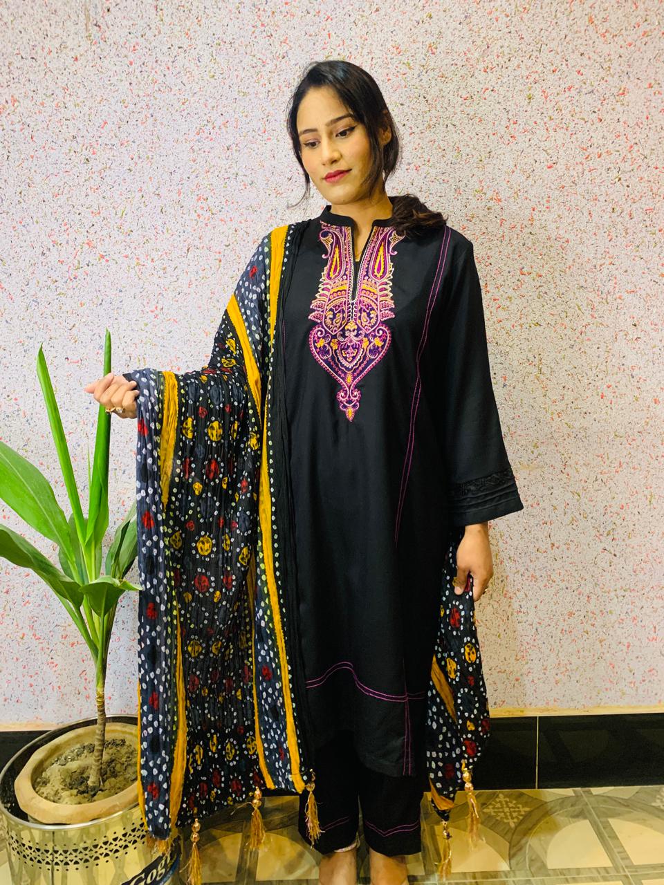 Black marina embroidery 3pce stitched dress with chunery dopatta - Image 2