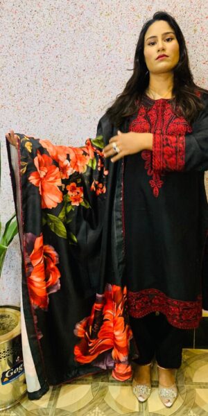 Black Stitched Embroidered 3-Pcs Dress with  Dupatta