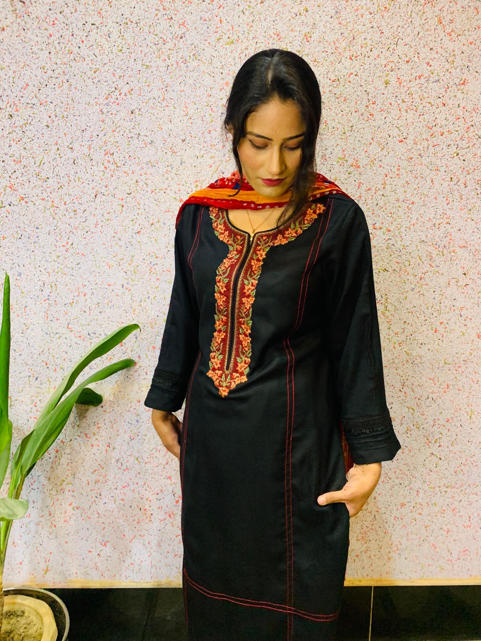 Black marina embroidery 3pce stitched dress with chunery dopatta - Image 2