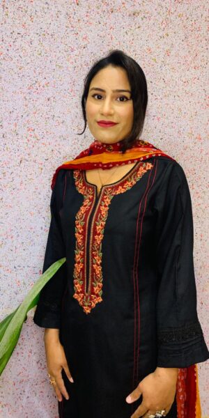 Black marina  embroidery 3pce stitched dress with chunery dopatta