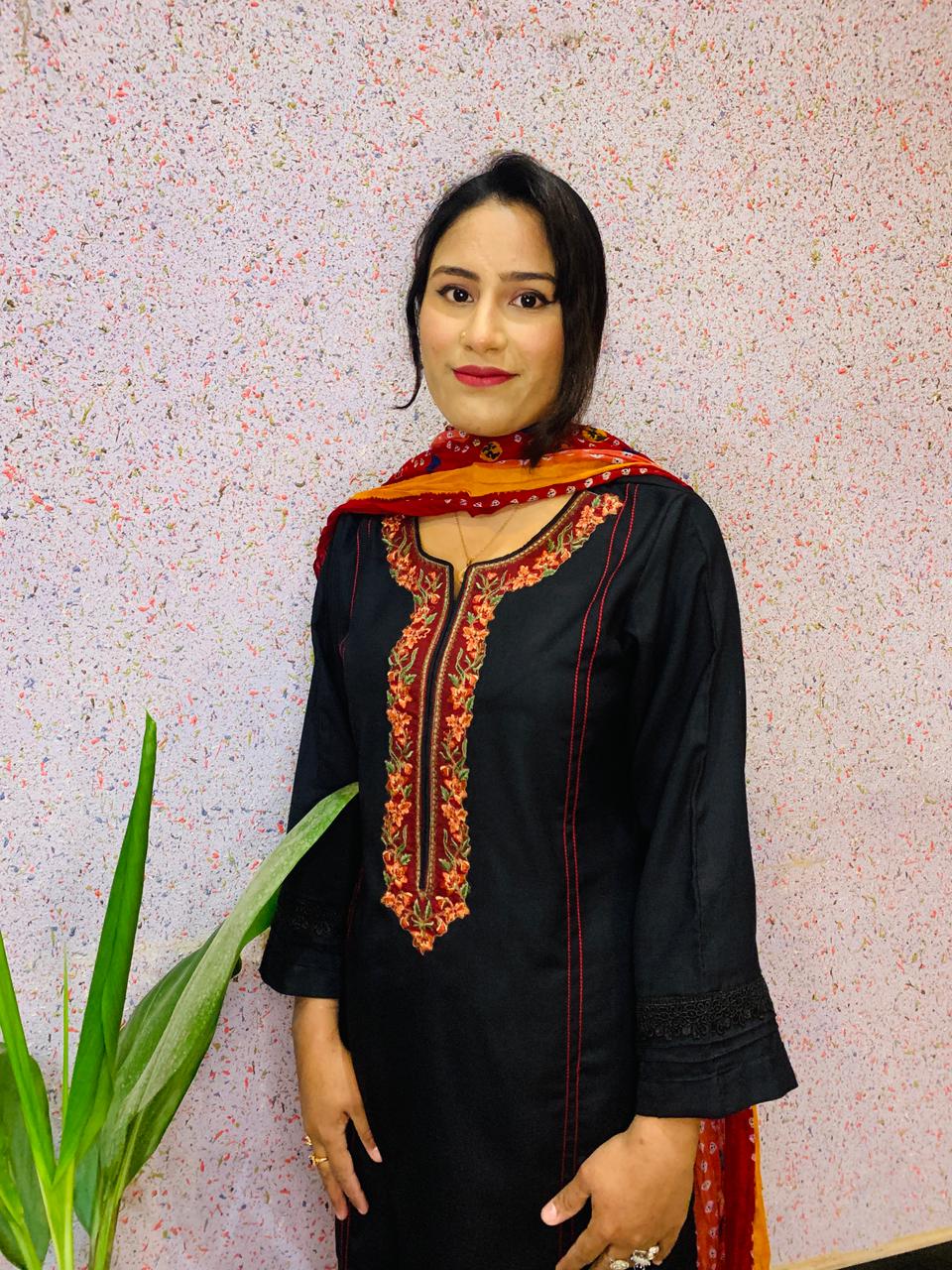 Black marina  embroidery 3pce stitched dress with chunery dopatta