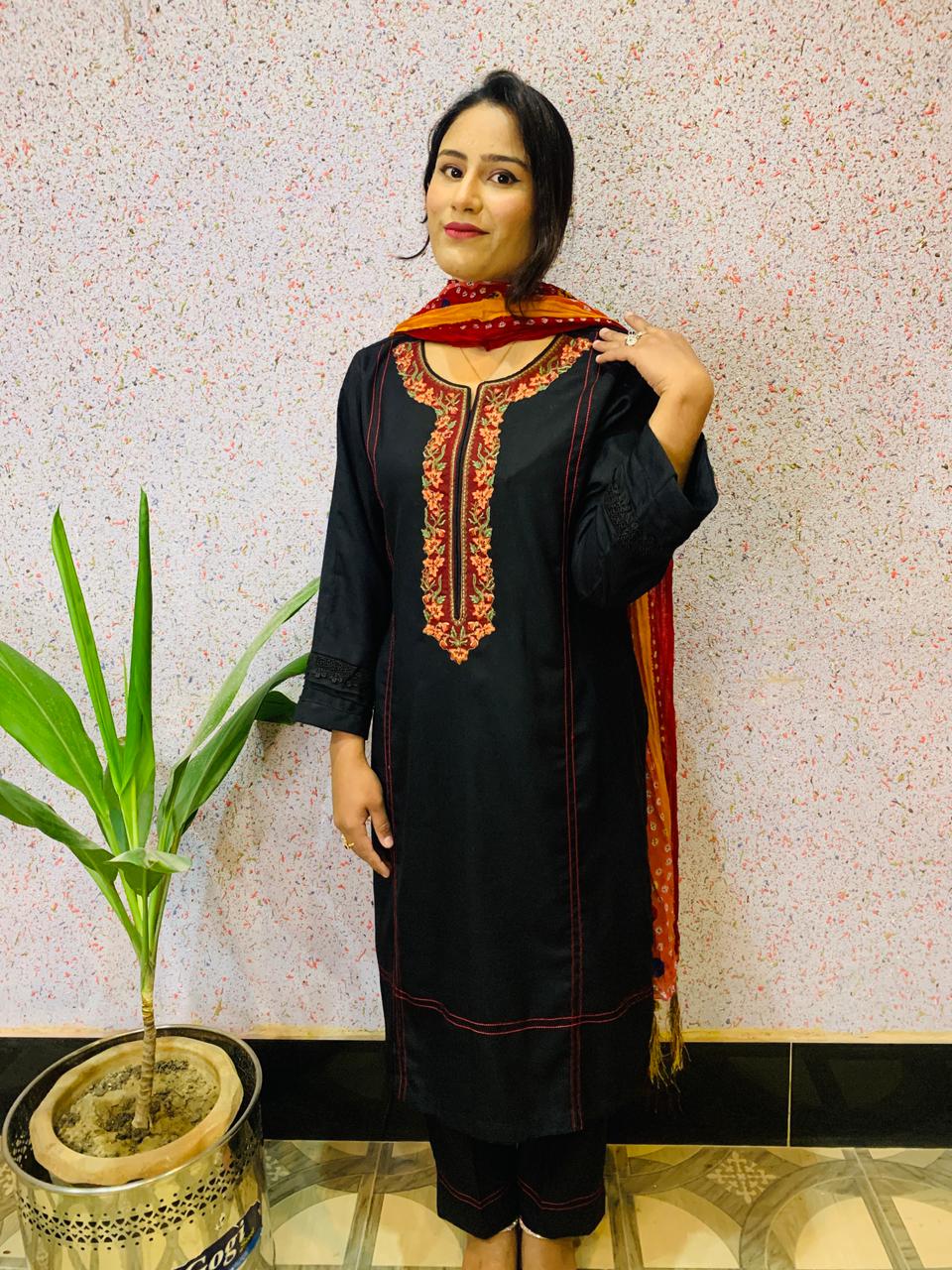 Black marina embroidery 3pce stitched dress with chunery dopatta - Image 3