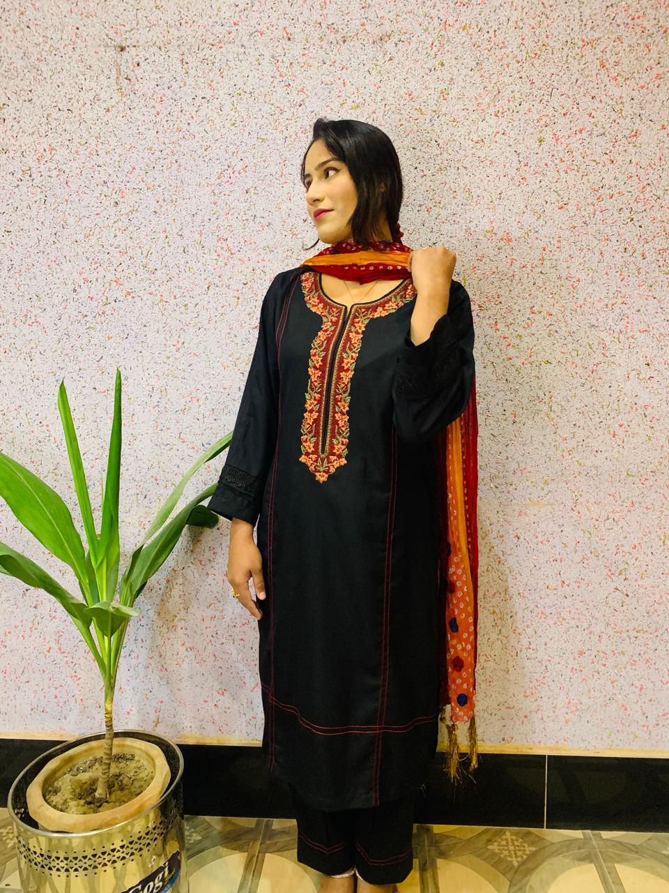 Black marina embroidery 3pce stitched dress with chunery dopatta - Image 4