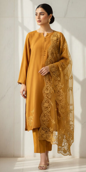 Georgette shirt and trousers in plain design, paired with an organza dupatta