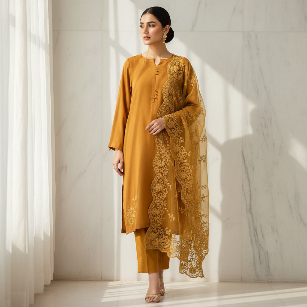 Georgette shirt and trousers in plain design, paired with an organza dupatta