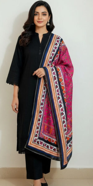 Three pcs black shirt and trousers plain and contras fancy dopatta