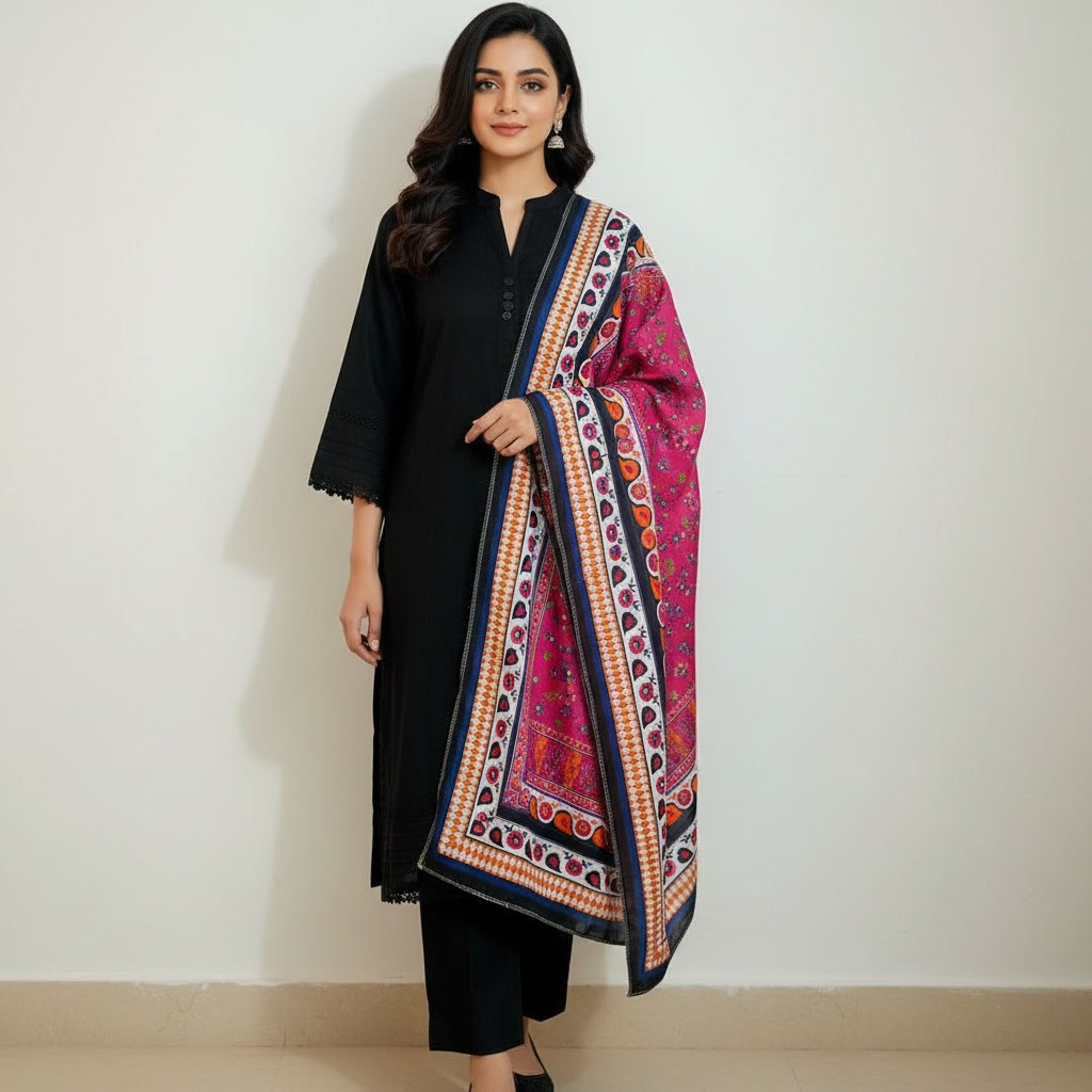 Three pcs black shirt and trousers plain and contras fancy dopatta