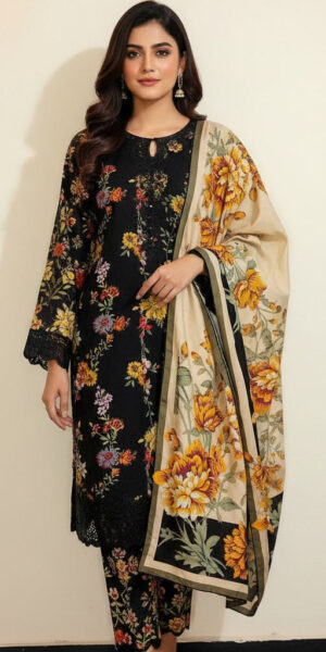 Beautiful Black Stitched Embroidered 3-Pcs Dress with dupatta