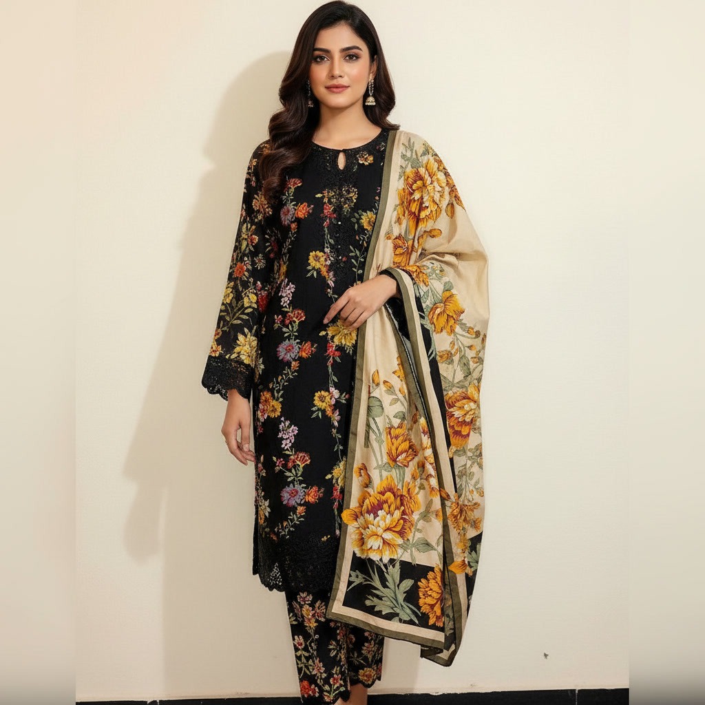 Beautiful Black Stitched Embroidered 3-Pcs Dress with dupatta
